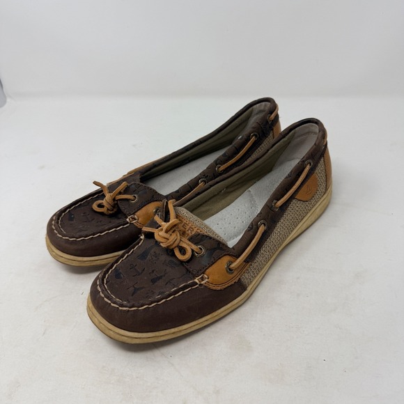 Sperry Shoes - Sperry‎ Top-Sider Brown Nautical Anchor Print Leather Mesh Boat Shoes Size 10